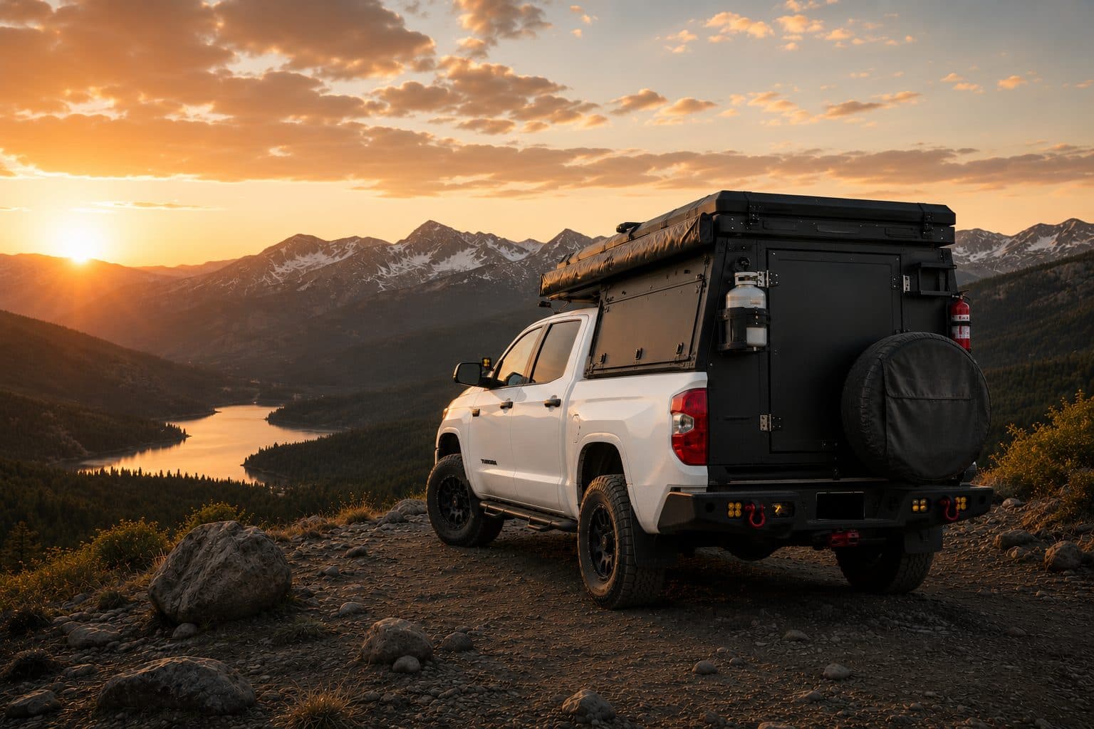 A white Toyota Tundra TRD Pro with an overland camper canopy parked on a rocky ridge above a mountain lake at sunset.